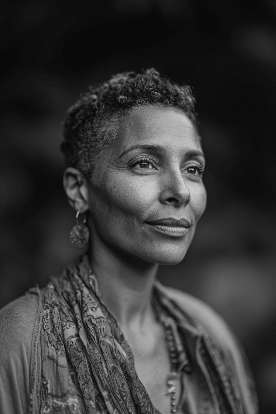 Woman wearing a scarf looking into the distance.