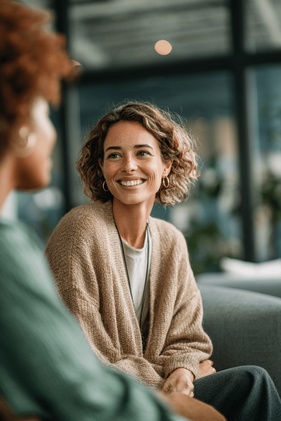 Two women talking in an office
